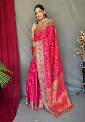 Rani Pink Printed Soft Silk Saree Set