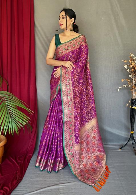 Purple Printed Soft Silk Saree Set