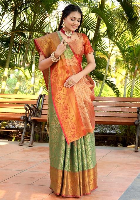 Pista Green Zari Embroidered Silk Saree Set