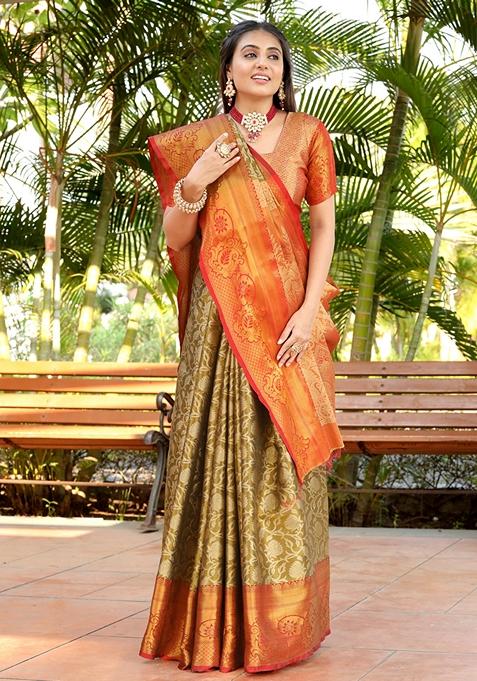 Golden Zari Embroidered Silk Saree Set