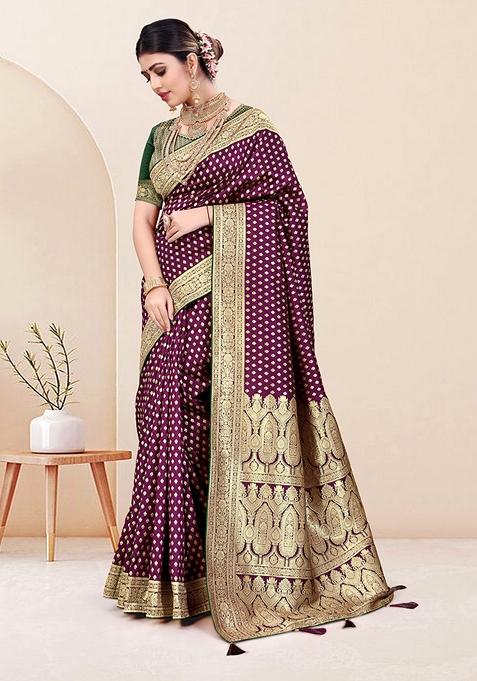 Wine Zari Woven Silk Saree Set