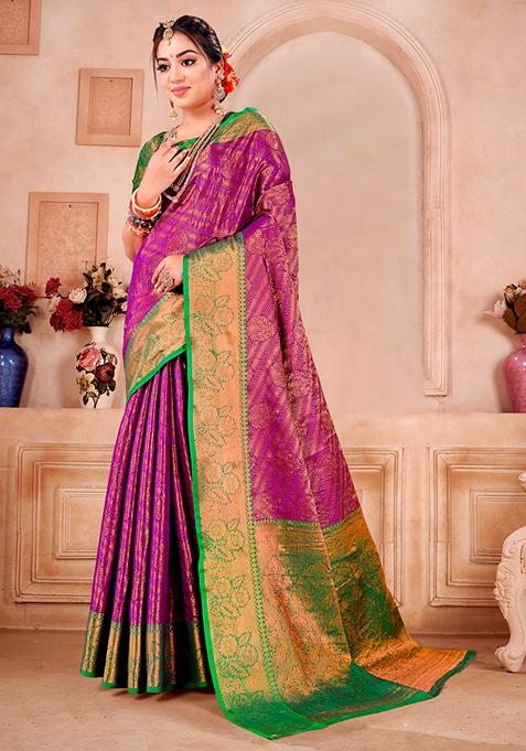 Wine Zari Woven Silk Saree Set