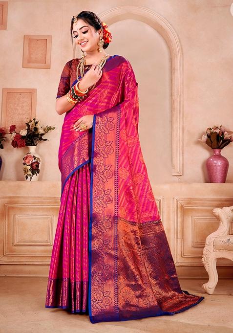 Pink Zari Woven Silk Saree Set