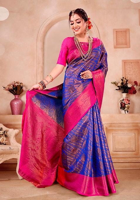 Royal Blue Zari Woven Silk Saree Set