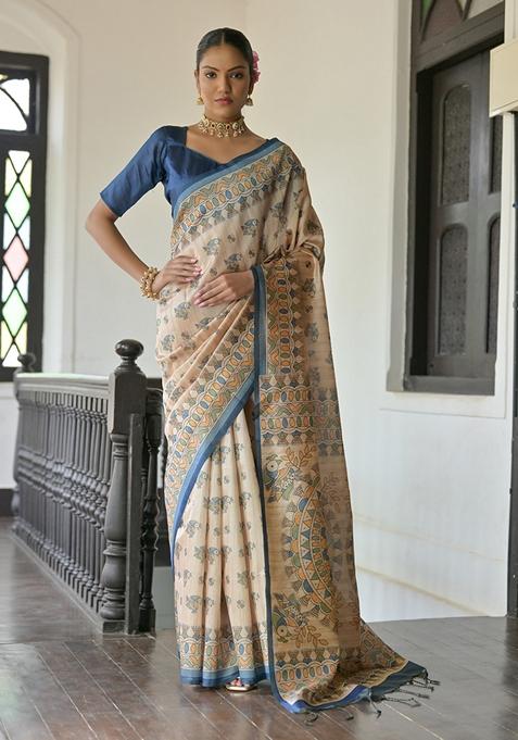 Blue Contrast Print Tussar Silk Saree Set