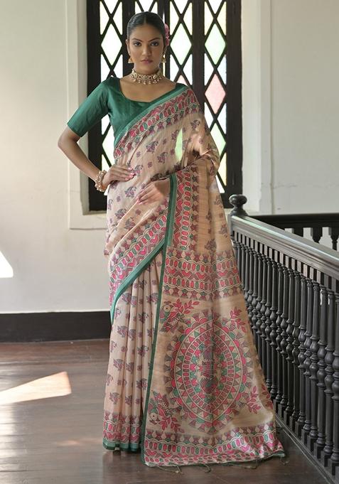 Green Contrast Print Tussar Silk Saree Set