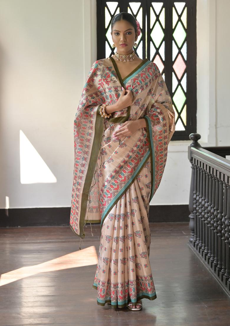 Blue Contrast Print Tussar Silk Saree Set - Indya