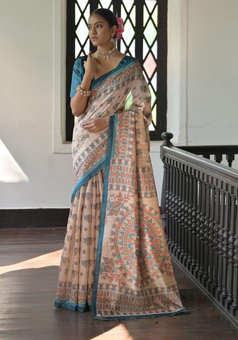 Green Contrast Print Tussar Silk Saree Set