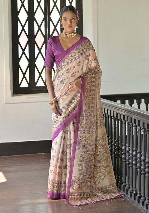 Green Contrast Print Tussar Silk Saree Set