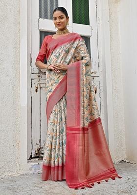 Pista Green Zari Woven Tussar Silk Saree Set