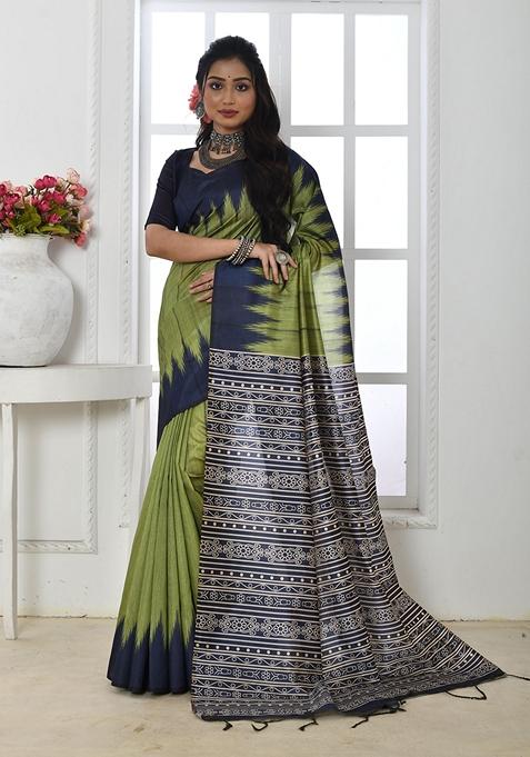 Parrot Green Contrast Print Tussar Silk Saree Set