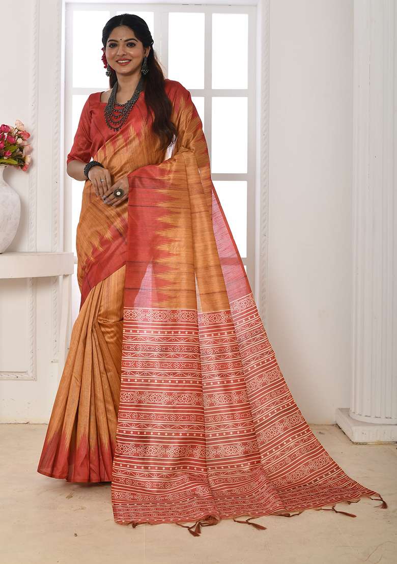 Orange Contrast Print Tussar Silk Saree Set for Diwali | Wedding & Festive Wear - Indya