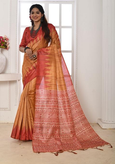 Orange Contrast Print Tussar Silk Saree Set