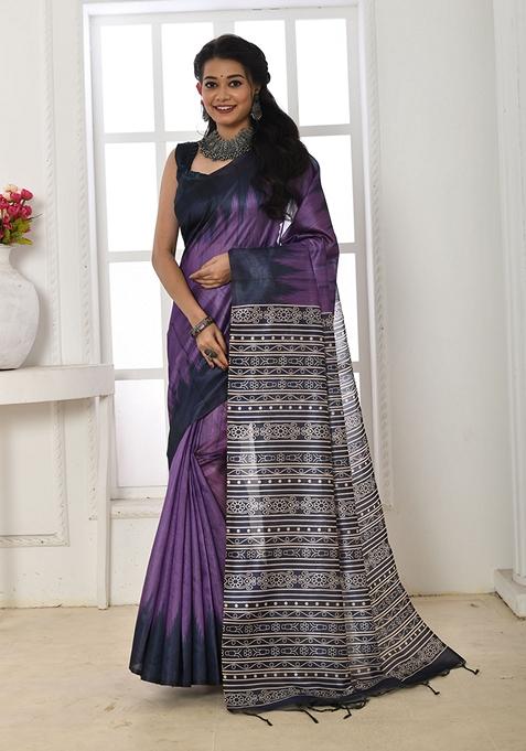 Purple Contrast Print Tussar Silk Saree Set