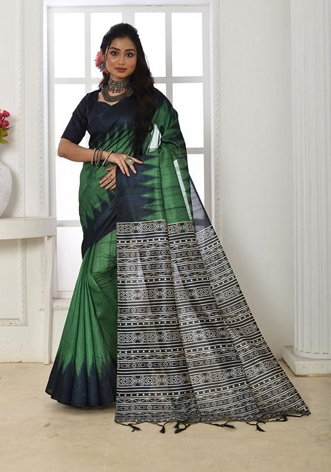 Green Contrast Print Tussar Silk Saree Set