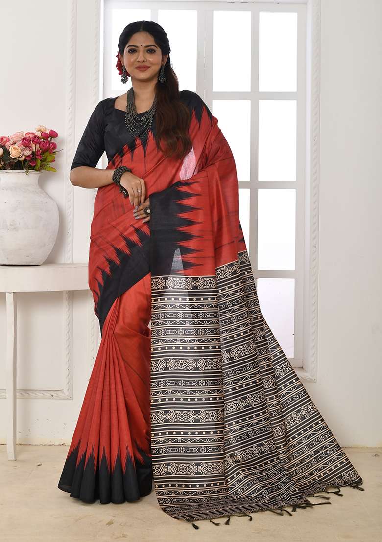 Red Contrast Print Tussar Silk Saree Set for Diwali and Festive Wear - Indya