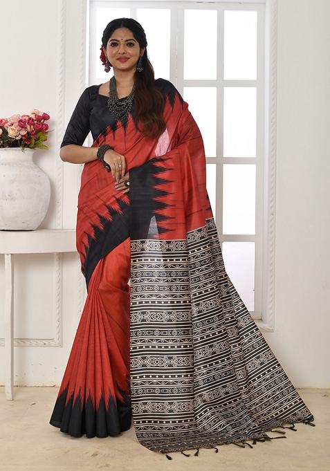 Red Contrast Print Tussar Silk Saree Set