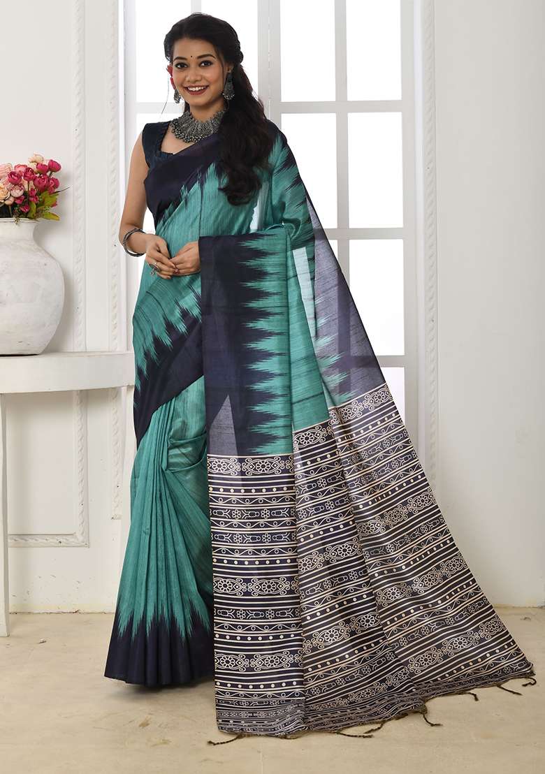Sky Blue Contrast Print Tussar Silk Saree Set for Diwali and Festive Wear - Indya