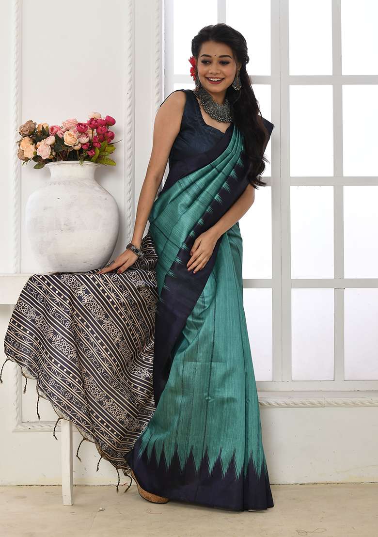 Sky Blue Contrast Print Tussar Silk Saree Set for Diwali and Festive Wear - Indya