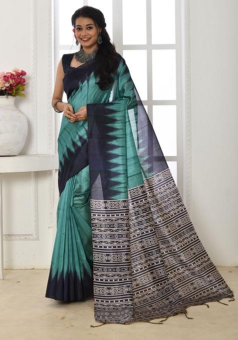 Sky Blue Contrast Print Tussar Silk Saree Set