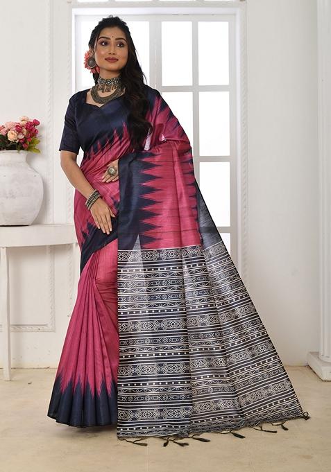 Pink Contrast Print Tussar Silk Saree Set