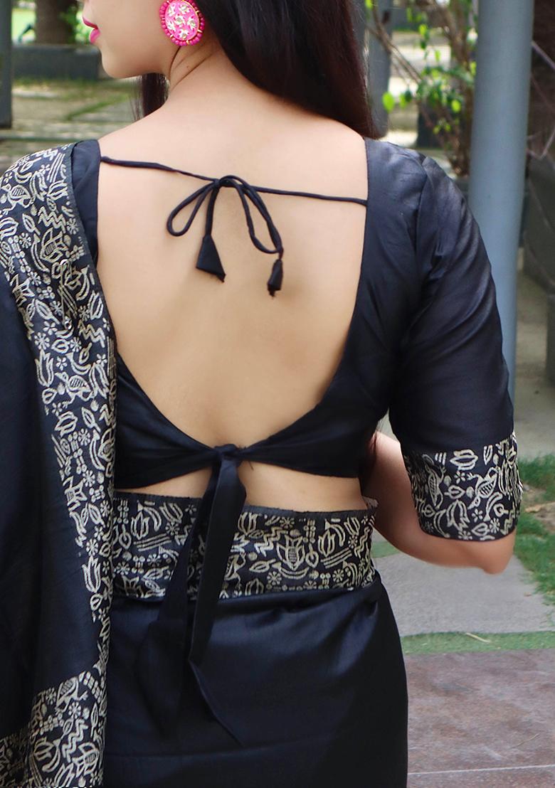 Black Contrast Print Raw Silk Saree Set - Indya