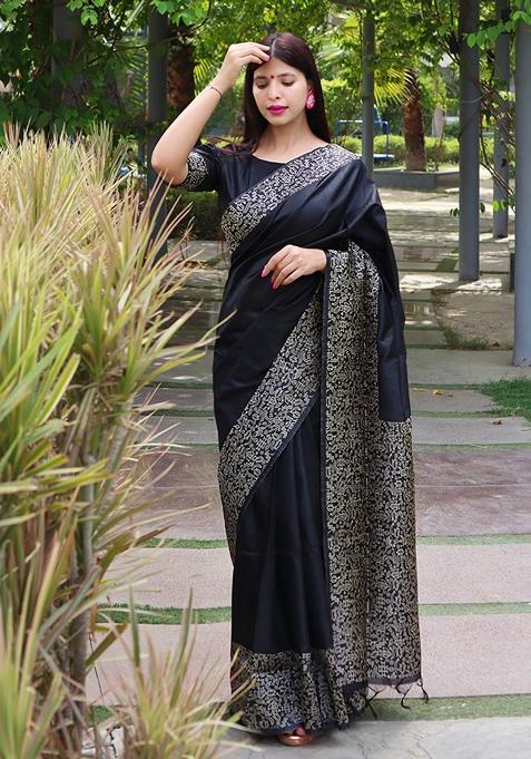 Black Contrast Print Raw Silk Saree Set