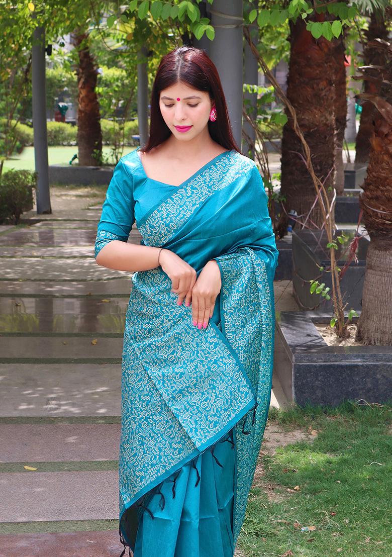 Blue Contrast Print Raw Silk Saree Set - Indya