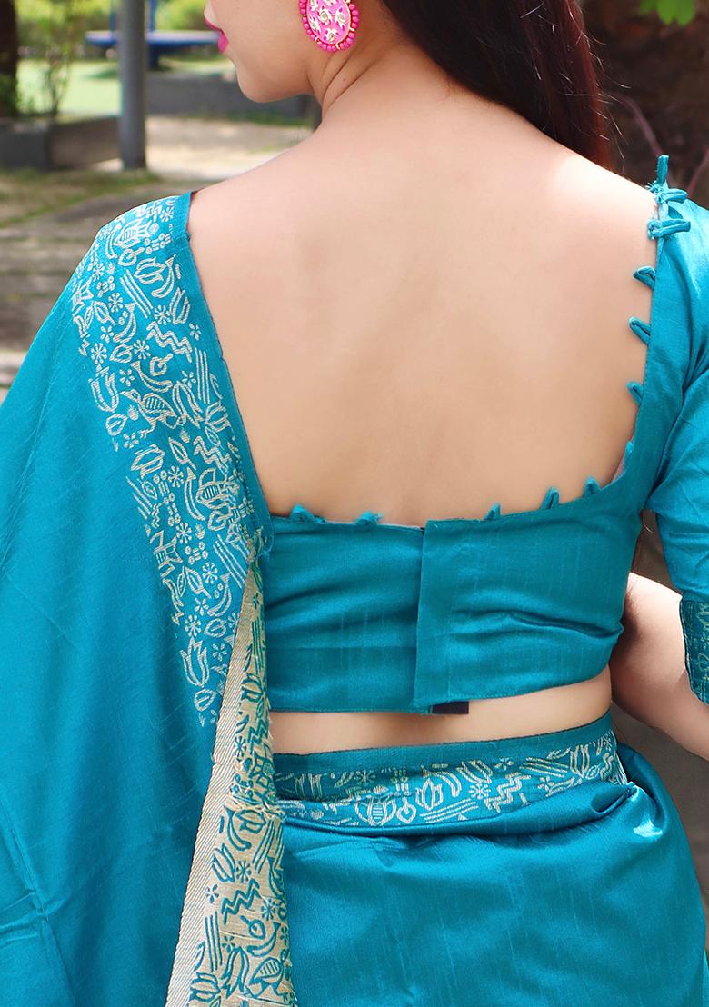 Blue Contrast Print Raw Silk Saree Set - Indya