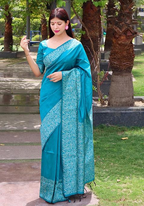 Blue Contrast Print Raw Silk Saree Set