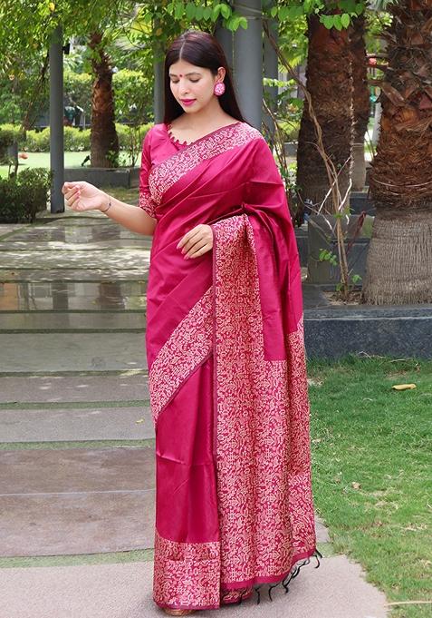 Pink Contrast Print Raw Silk Saree Set