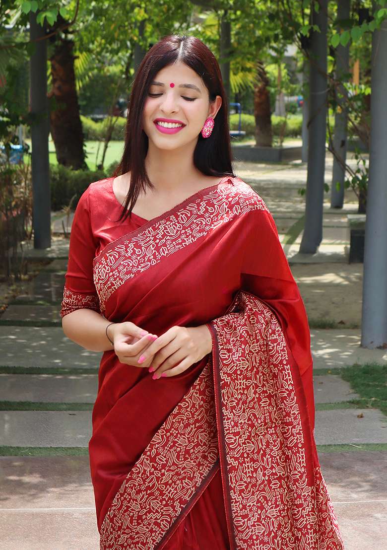 Red Contrast Print Raw Silk Saree Set for Diwali | Wedding & Festive Wear - Indya