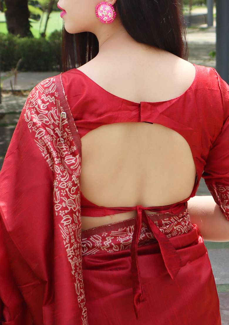 Red Contrast Print Raw Silk Saree Set for Diwali | Wedding & Festive Wear - Indya