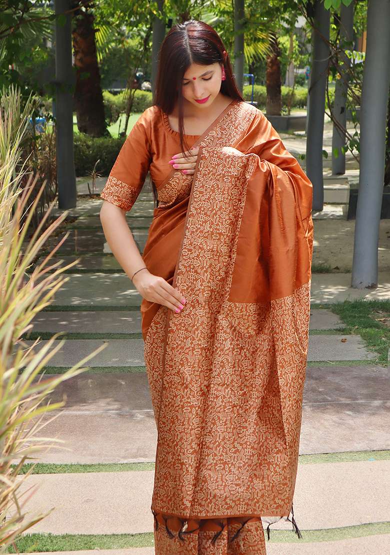Orange Contrast Print Raw Silk Saree Set for Diwali | Wedding & Festive Wear - Indya