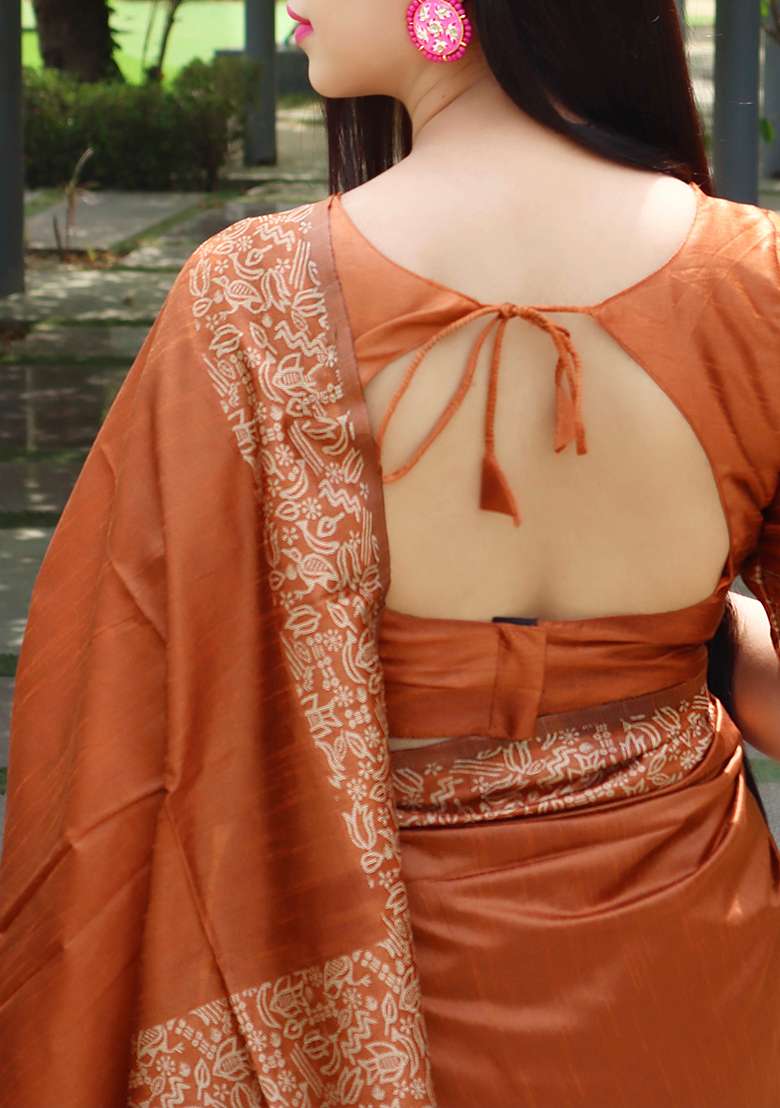 Orange Contrast Print Raw Silk Saree Set for Diwali | Wedding & Festive Wear - Indya