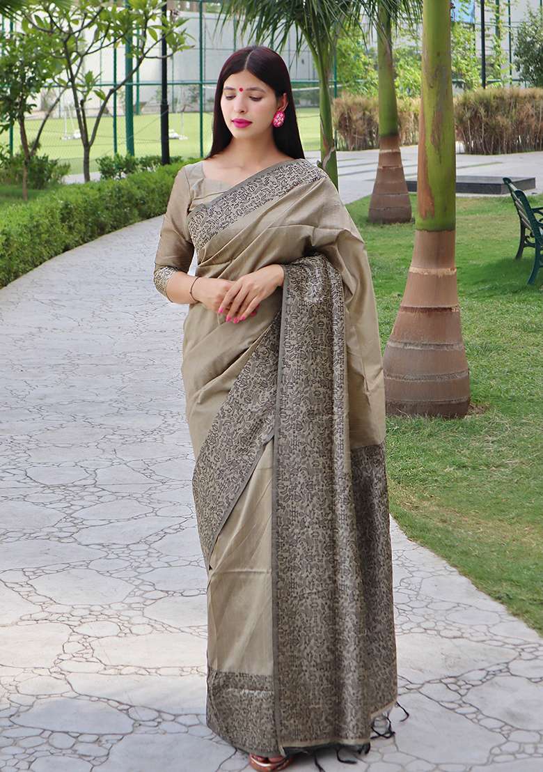 Grey Contrast Print Raw Silk Saree Set for Diwali | Wedding & Festive Wear - Indya