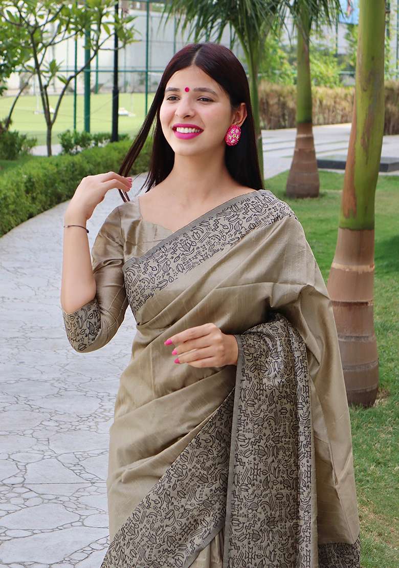 Grey Contrast Print Raw Silk Saree Set for Diwali | Wedding & Festive Wear - Indya