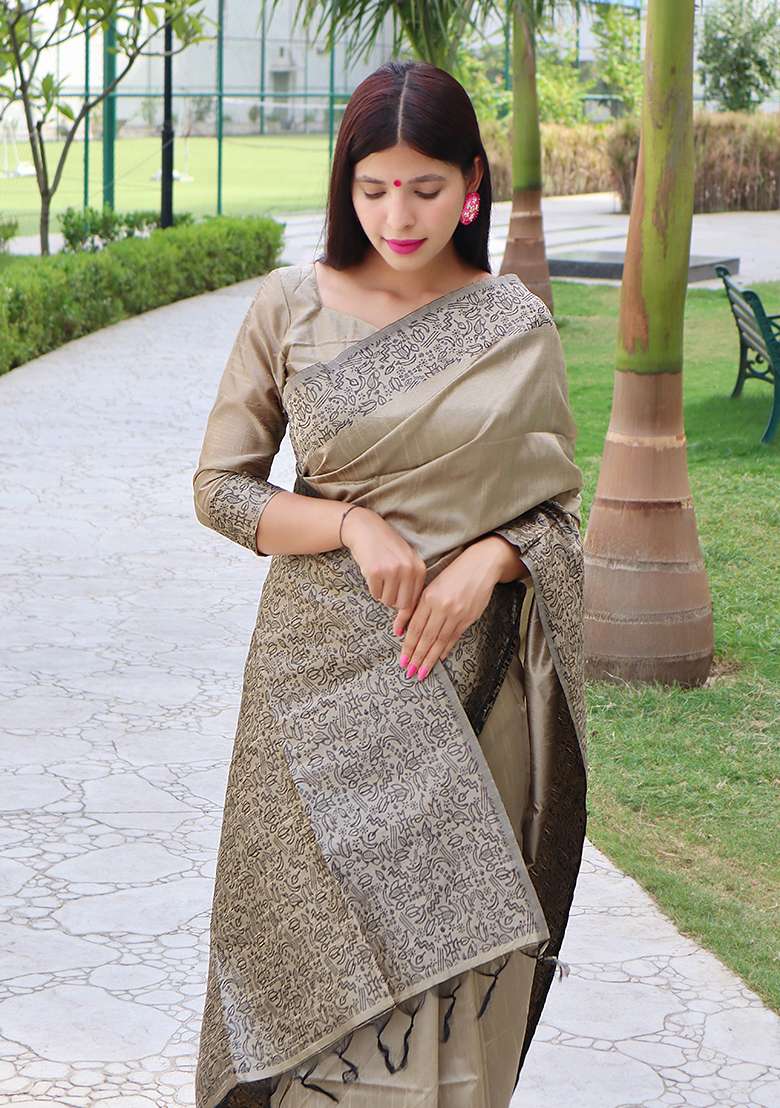 Grey Contrast Print Raw Silk Saree Set for Diwali | Wedding & Festive Wear - Indya