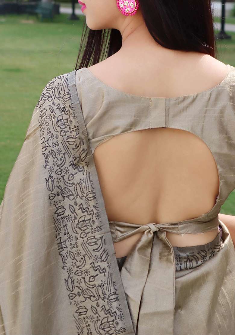 Grey Contrast Print Raw Silk Saree Set for Diwali | Wedding & Festive Wear - Indya