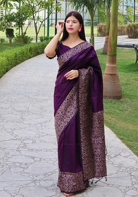 Purple Contrast Print Raw Silk Saree Set