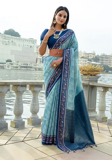 Firozi Zari Woven Silk Saree Set