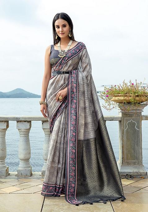 Grey Zari Woven Silk Saree Set