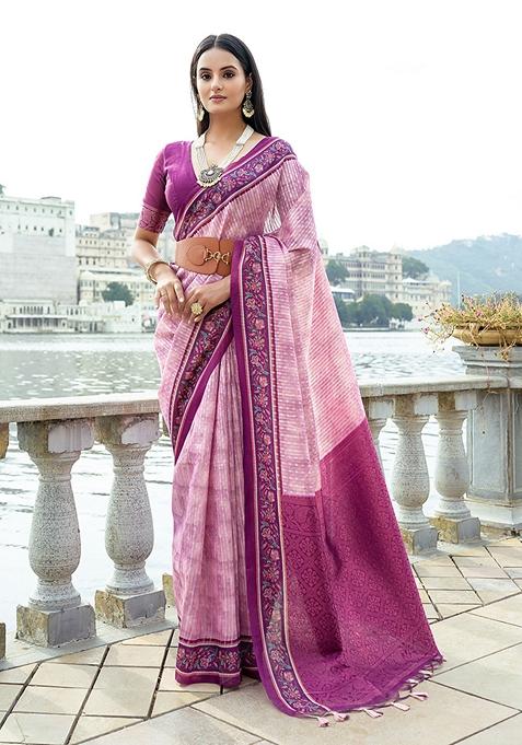 Pink Zari Woven Silk Saree Set