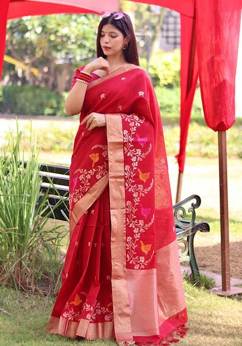 Red Zari Woven Linen Silk Saree Set