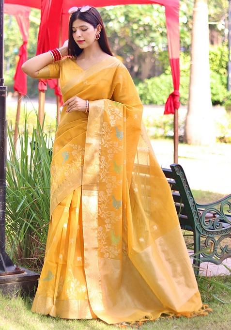 Yellow Zari Woven Linen Silk Saree Set