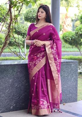 Purple Zari Woven Linen Silk Saree Set