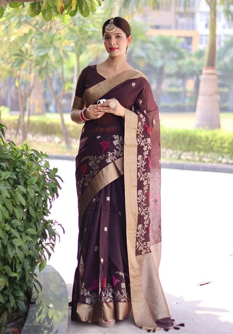 Brown Zari Woven Linen Silk Saree Set