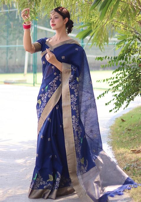 Blue Zari Woven Linen Silk Saree Set