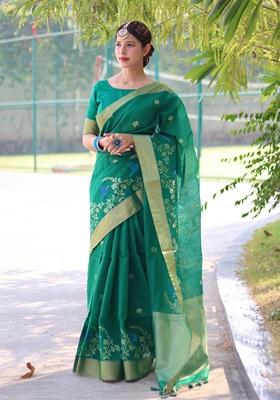 Green Zari Woven Linen Silk Saree Set