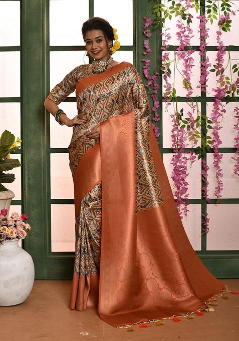 Peach Zari Woven Soft Silk Saree Set